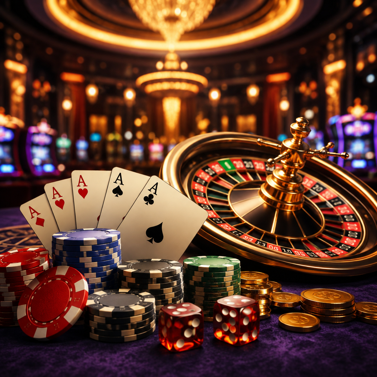 Gold roulette wheel, playing cards and casino chips